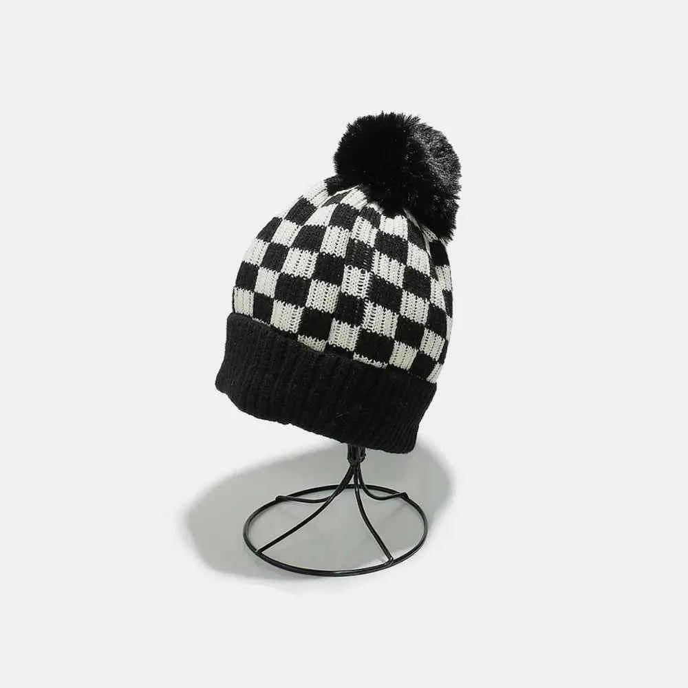 Checkered Knit Hat with Pompom Black One Size for a perfect OOTD – dress to impress outfits from Amexza