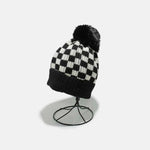 Checkered Knit Hat with Pompom Black One Size for a perfect OOTD – dress to impress outfits from Amexza