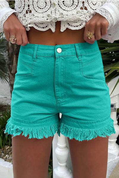 Raw Hem High Waist Denim Shorts Turquoise for a perfect OOTD – dress to impress outfits from Amexza