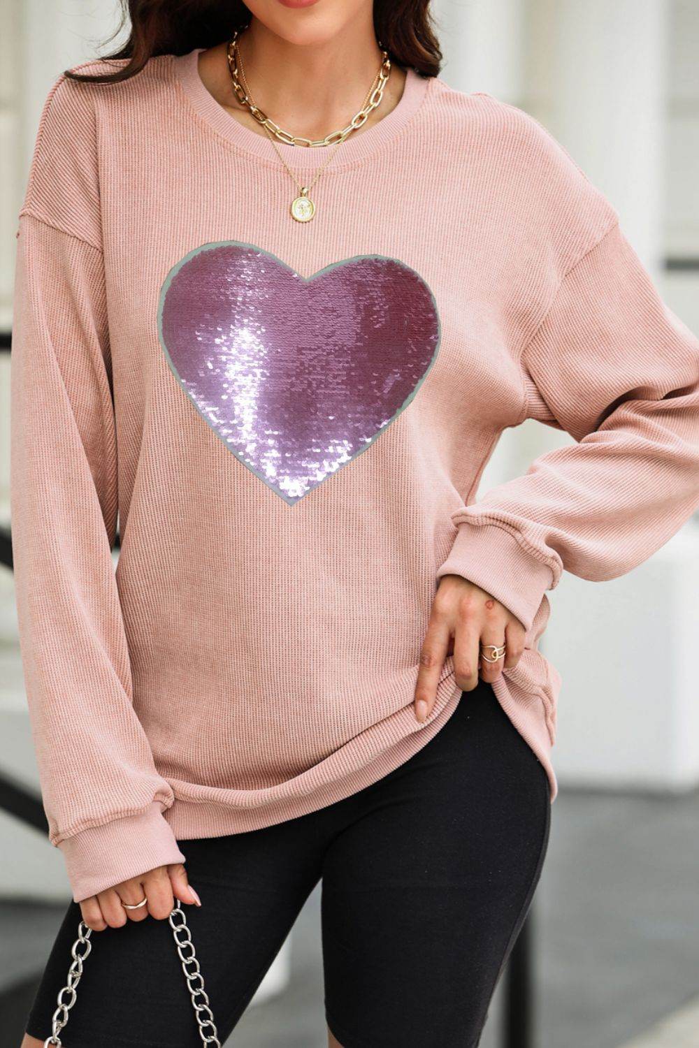 Valentine’s Day Sequin Heart Round Neck Long Sleeve Sweatshirt for a perfect OOTD – dress to impress outfits from Amexza