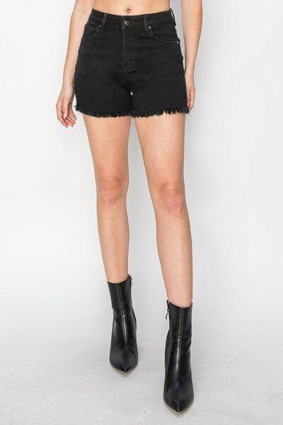 RISEN Full Size High Waist Raw Hem Denim Shorts - Amexza