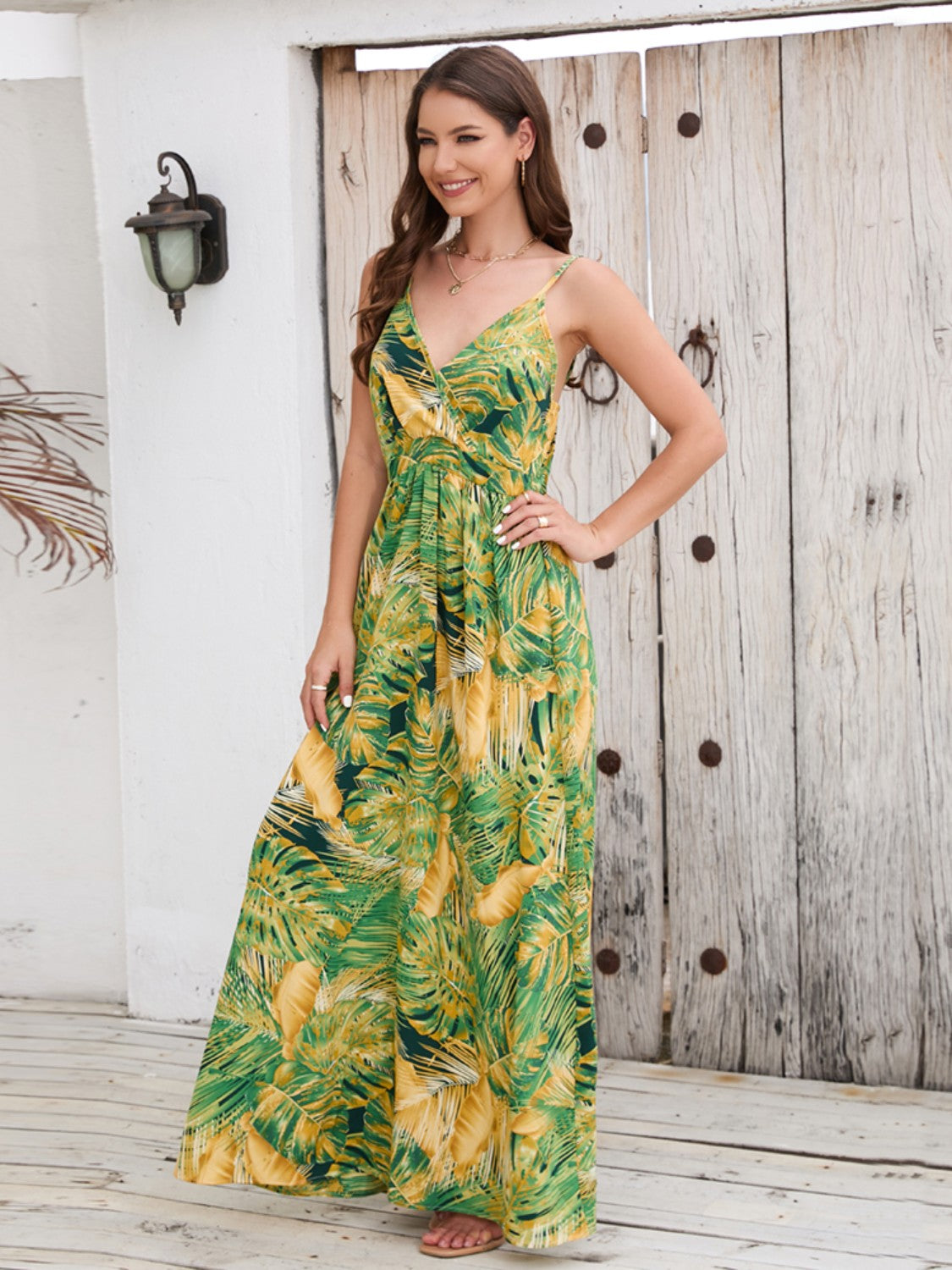 Printed Surplice Spaghetti Strap Dress - Yellow-Green / S