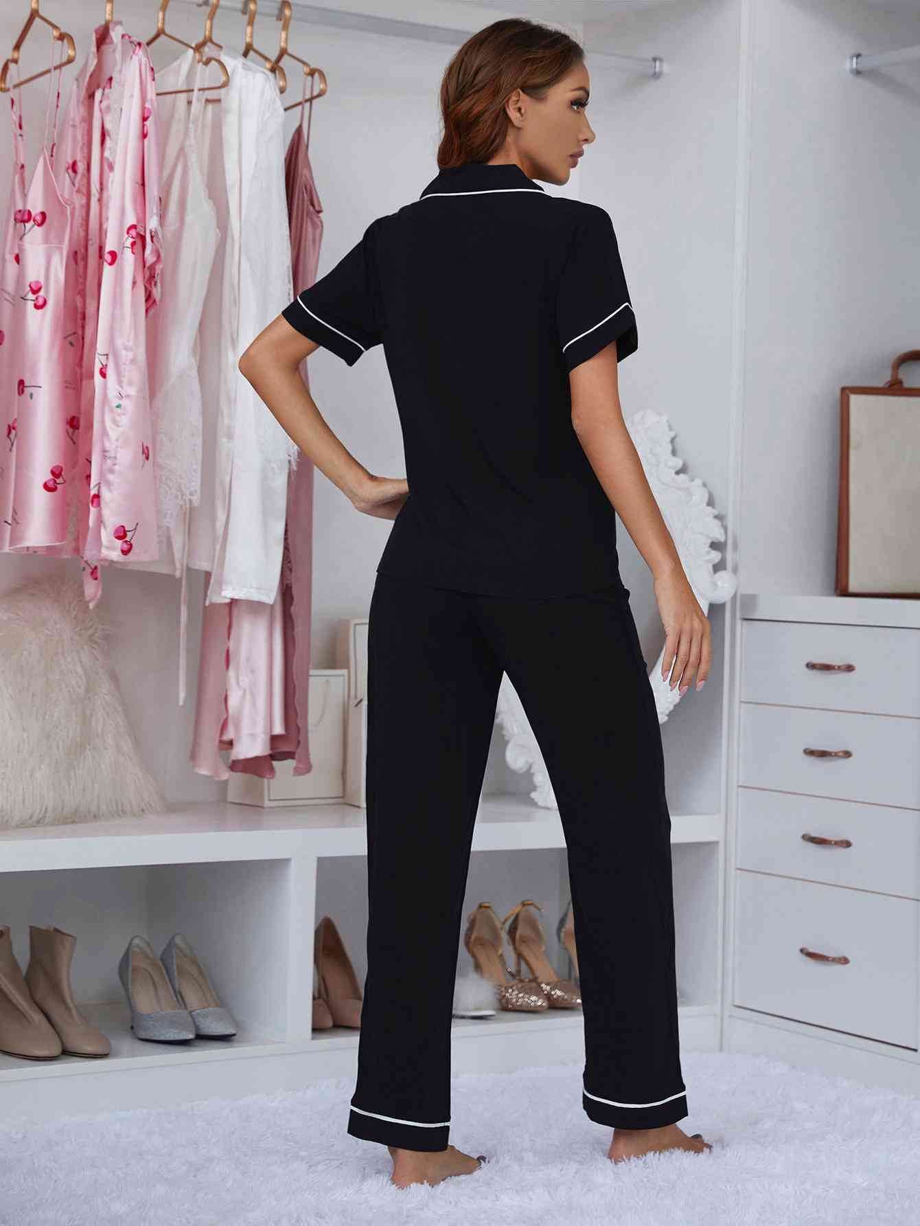 Contrast Piping Lapel Collar Short Sleeve Top and Pants Pajama Set for a perfect OOTD – dress to impress outfits from Amexza