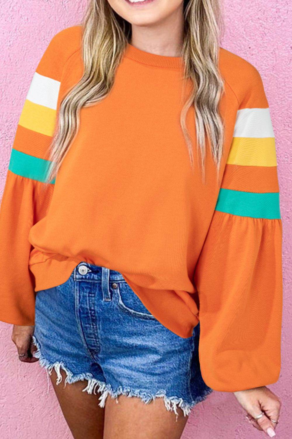 Color Block Round Neck Long Sleeve Sweatshirt Tangerine for a perfect OOTD – dress to impress outfits from Amexza