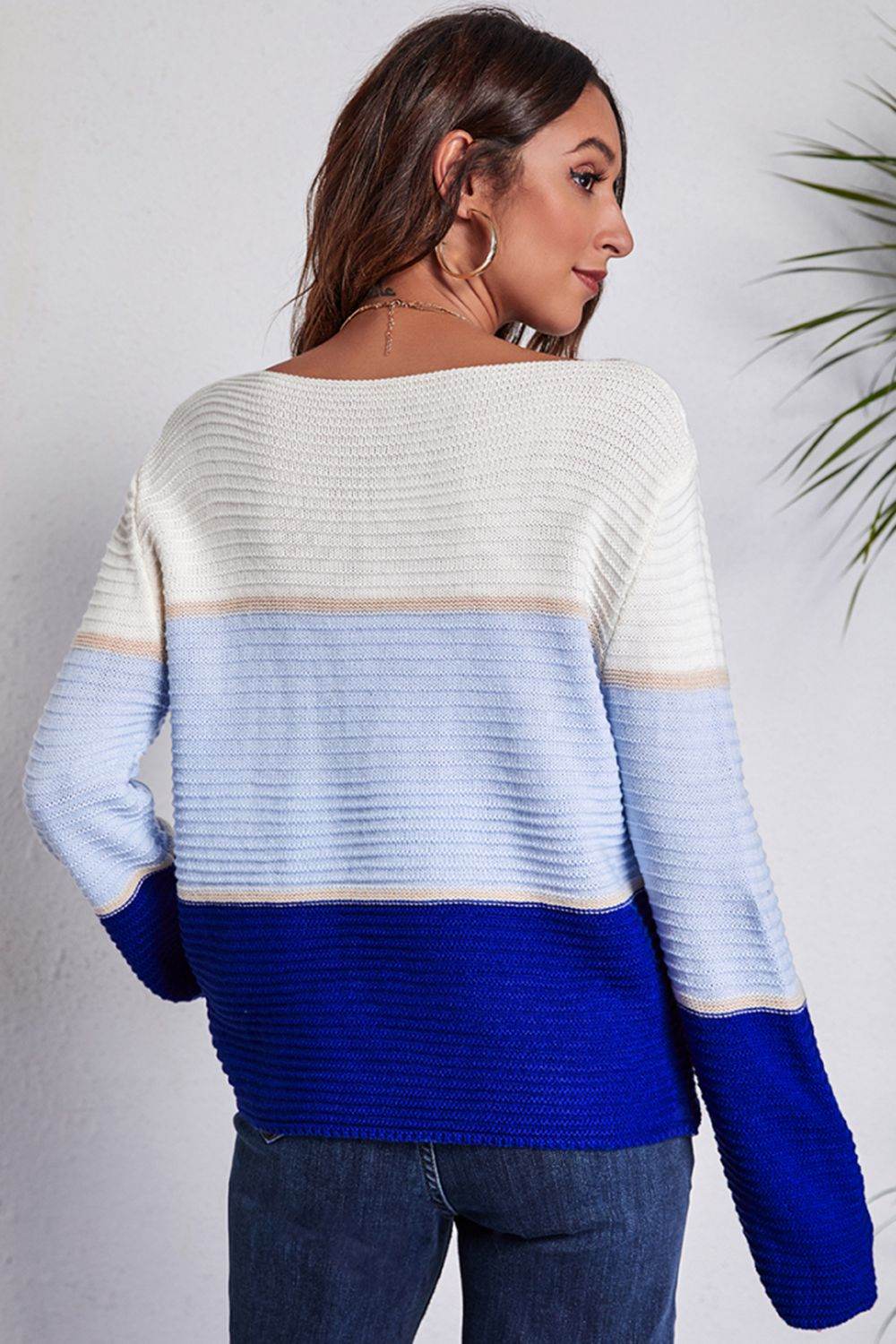 Color Block Horizontal Ribbing Sweater - Amexza