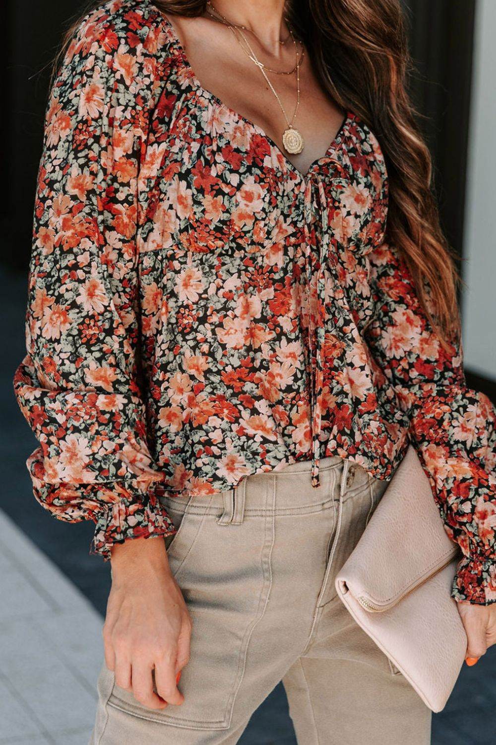 Peplum Tied Flora Long Sleeve Blouse - Amexza