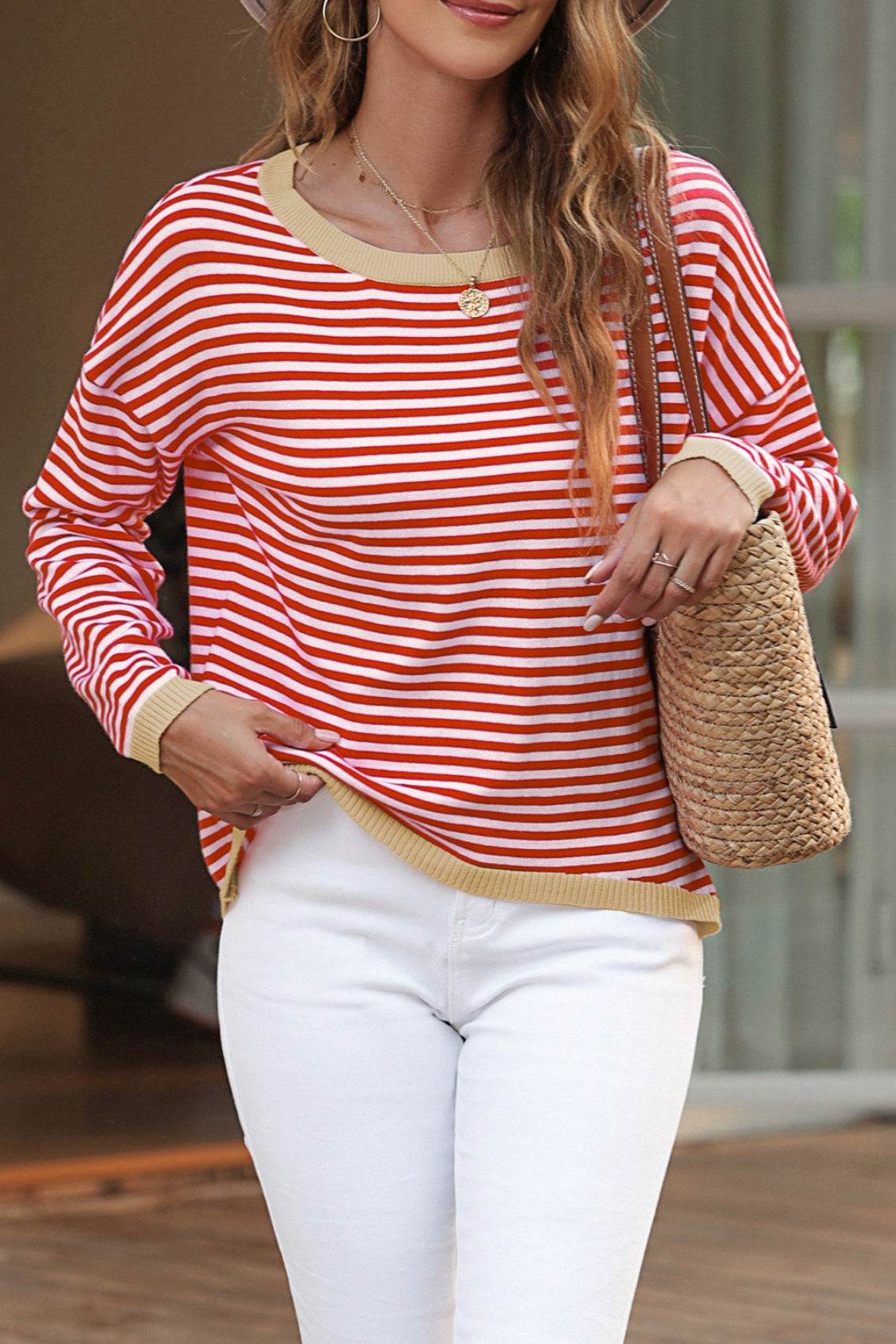 Striped Round Neck Drop Shoulder T-Shirt for a perfect OOTD – dress to impress outfits from Amexza