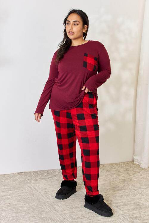 Zenana Full Size Plaid Round Neck Top and Pants Pajama Set for a perfect OOTD – dress to impress outfits from Amexza