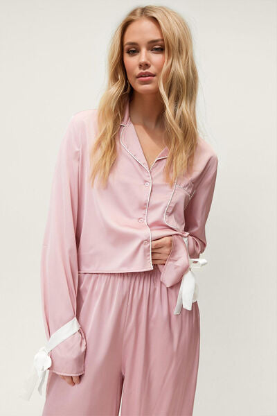 Basic Bae Tied Cuff Collared Neck Top and Pants Lounge Set Blush Pink for a perfect OOTD – dress to impress outfits from Amexza