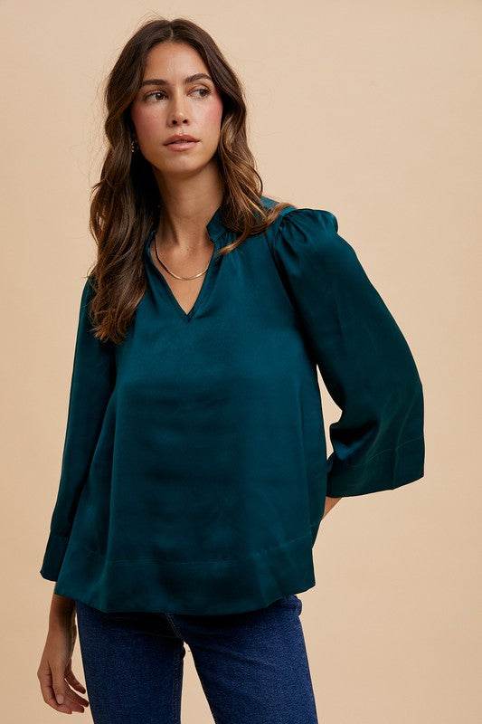 Annie Wear Satin Notched Three-Quarter Sleeve Blouse - Amexza