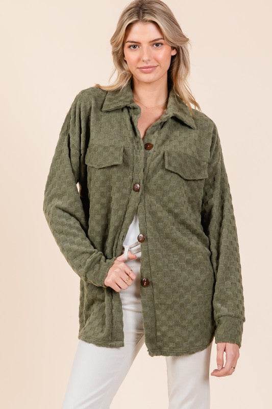 BOMBOM Checkered Button Down Dropped Shoulder Shacket - Amexza