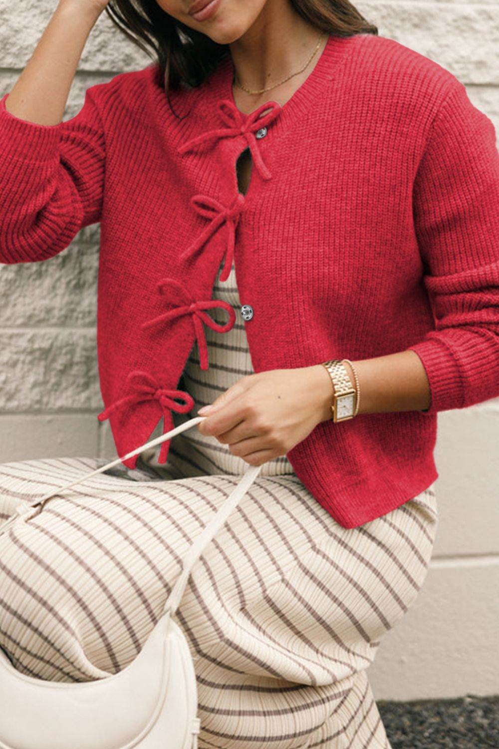 Tied Long Sleeve Cardigan Deep Red for a perfect OOTD – dress to impress outfits from Amexza