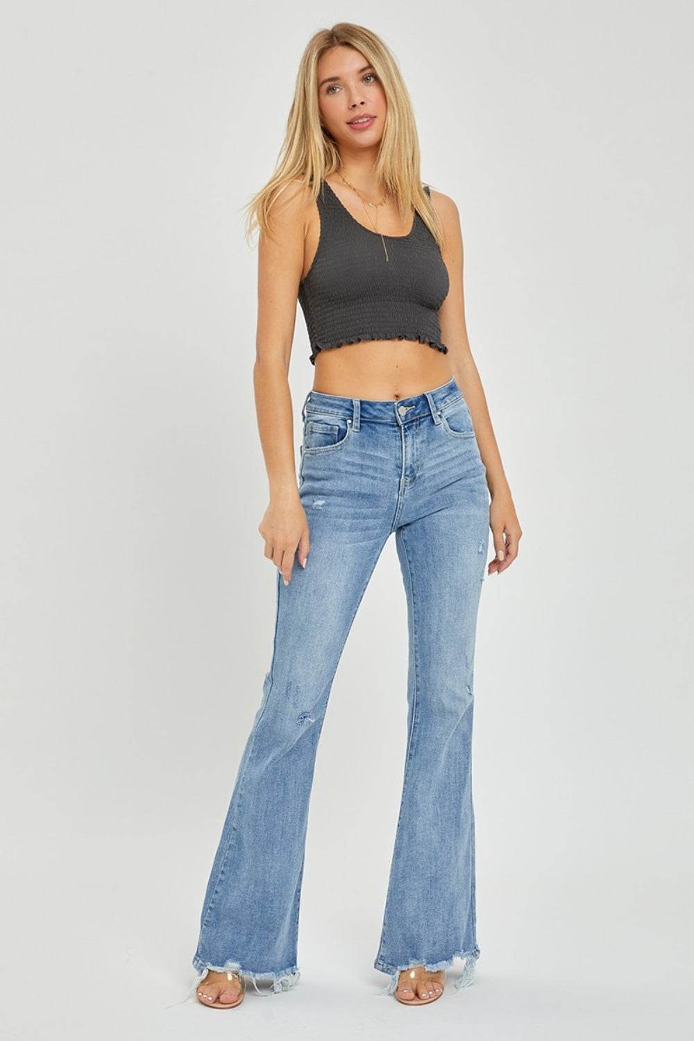 Risen Full Size High Rise Frayed Hem Flare Jeans - Amexza