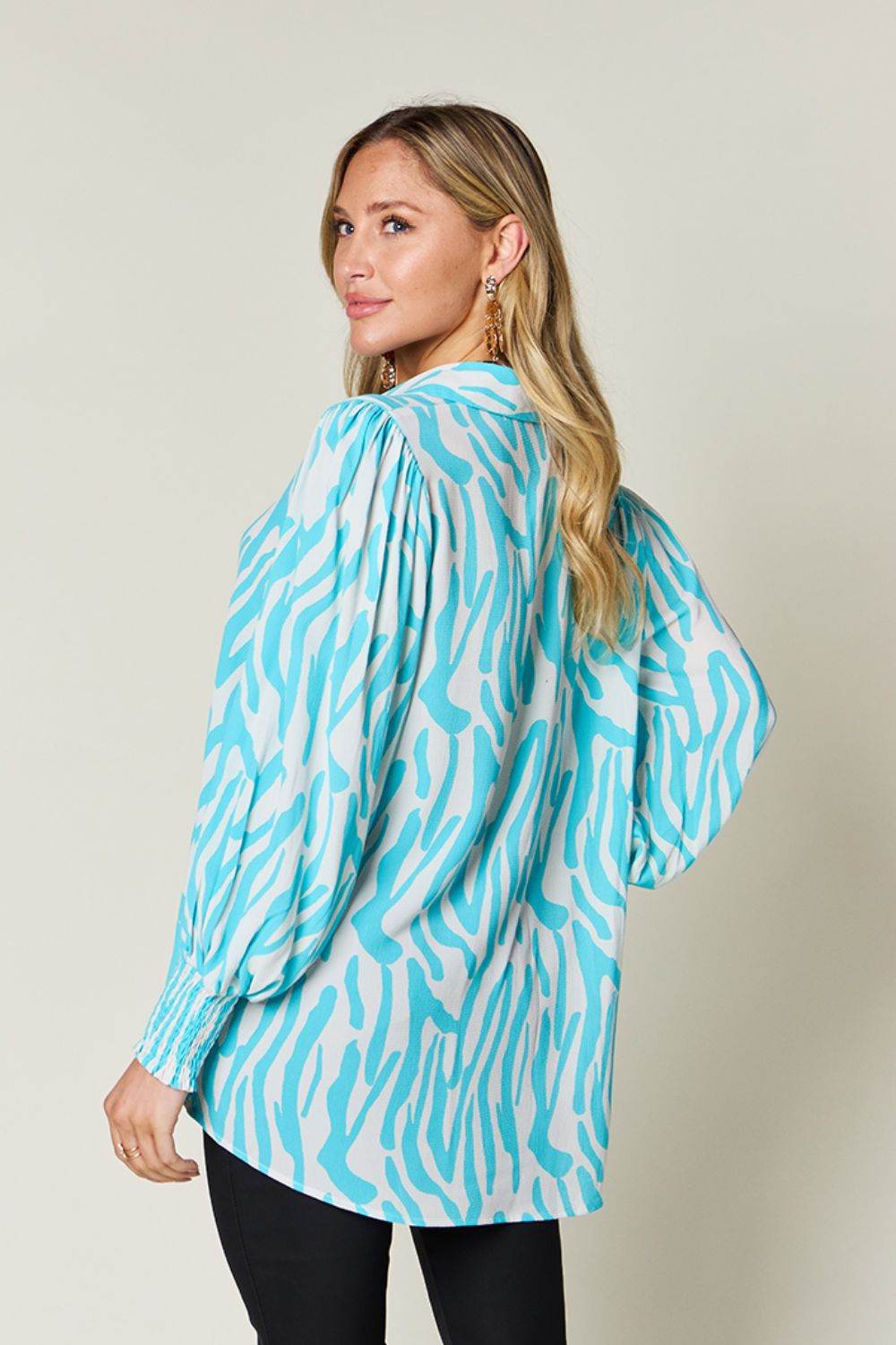 Double Take Full Size Printed Smocked Long Sleeve Blouse for a perfect OOTD – dress to impress outfits from Amexza