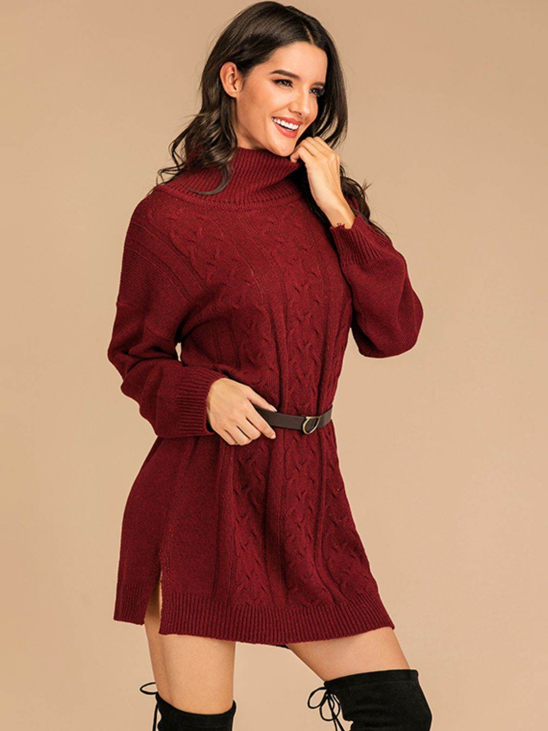 Perfee Slit Turtleneck Long Sleeve Mini Sweater Dress - Amexza