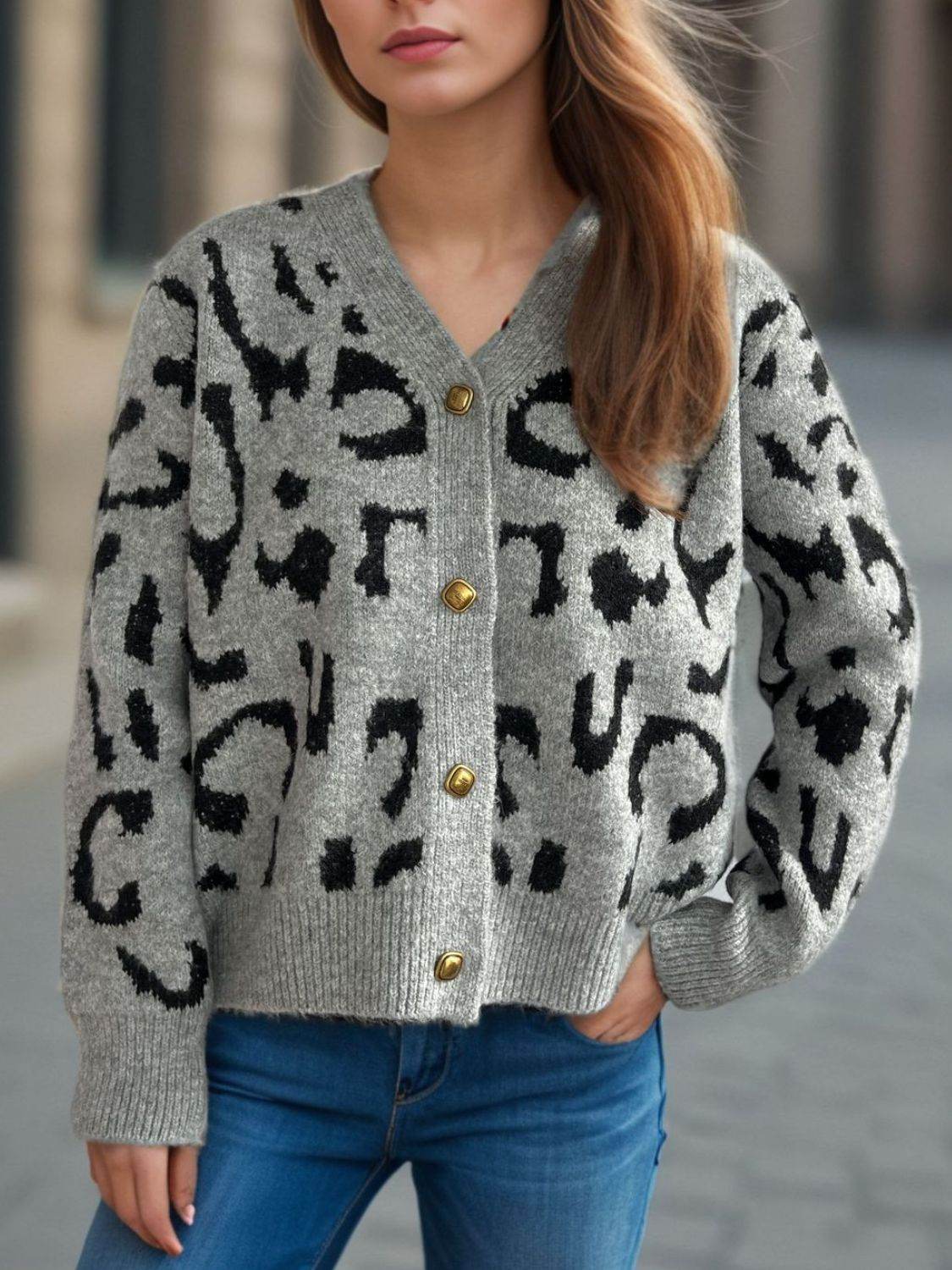 Leopard V-Neck Button Up Cardigan - Amexza