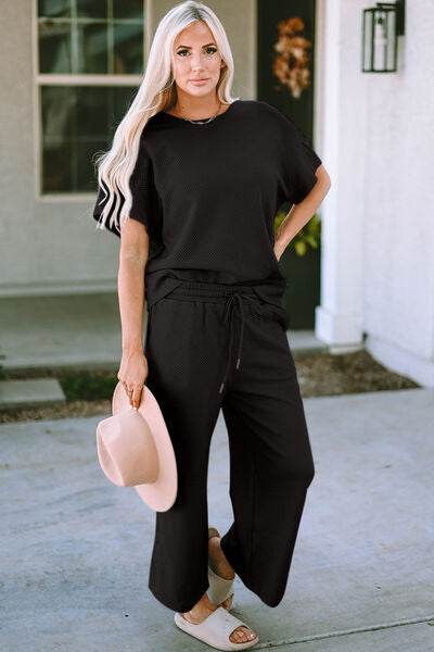 Double Take Full Size Texture Short Sleeve Top and Pants Set Black for a perfect OOTD – dress to impress outfits from Amexza