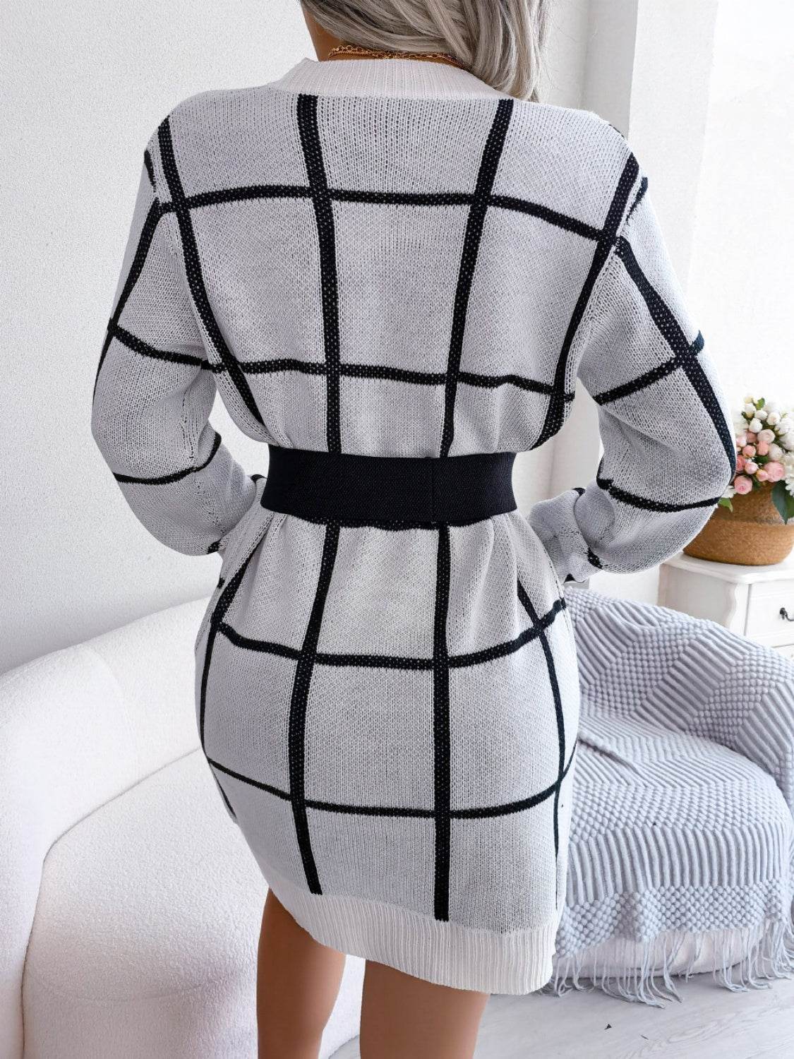 Plaid Round Neck Dropped Shoulder Sweater Dress for a perfect OOTD – dress to impress outfits from Amexza