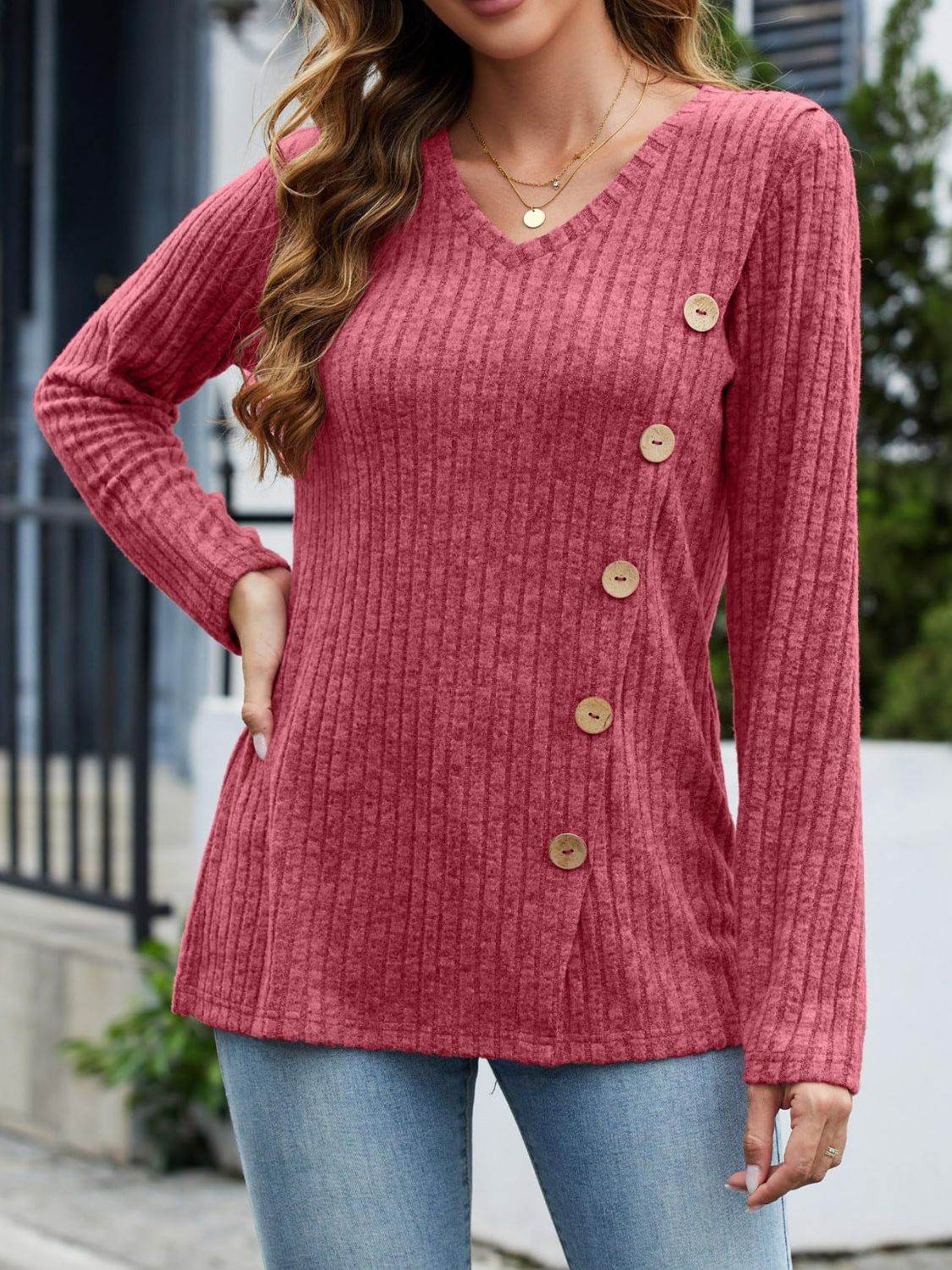 V-Neck Long Sleeve T-Shirt Deep Rose for a perfect OOTD – dress to impress outfits from Amexza