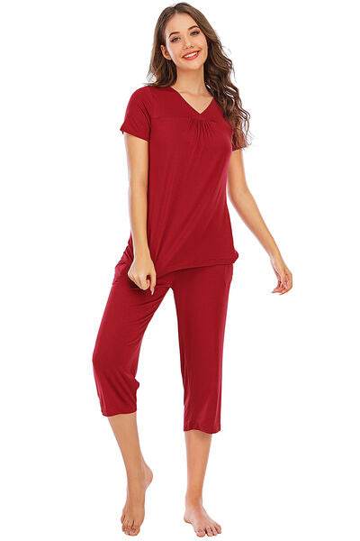 V-Neck Short Sleeve Top and Pants Lounge Set Scarlet for a perfect OOTD – dress to impress outfits from Amexza