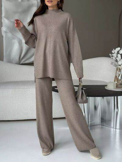 Slit Mock Neck Top and Pants Sweater Set for a perfect OOTD – dress to impress outfits from Amexza