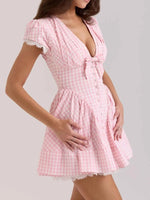Gingham Ruffle Mini Dress with Lace Trim