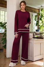 High-Low Round Neck Top and Pants Sweater Set Burgundy One Size for a perfect OOTD – dress to impress outfits from Amexza