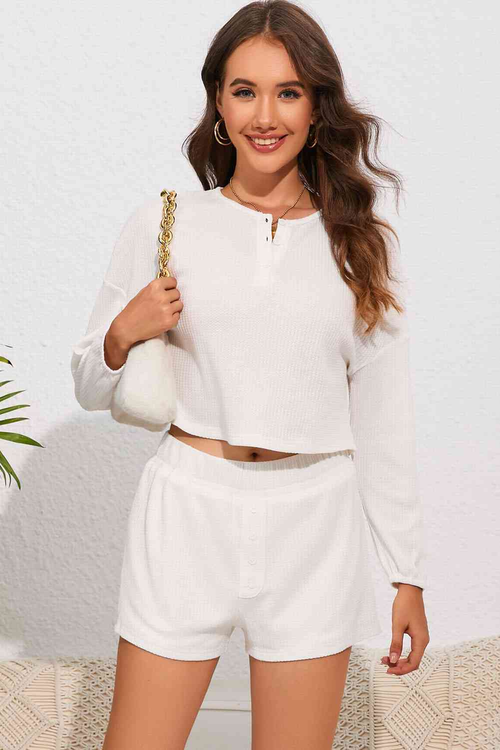 Round Neck Dropped Shoulder Top and Shorts Lounge Set White for a perfect OOTD – dress to impress outfits from Amexza