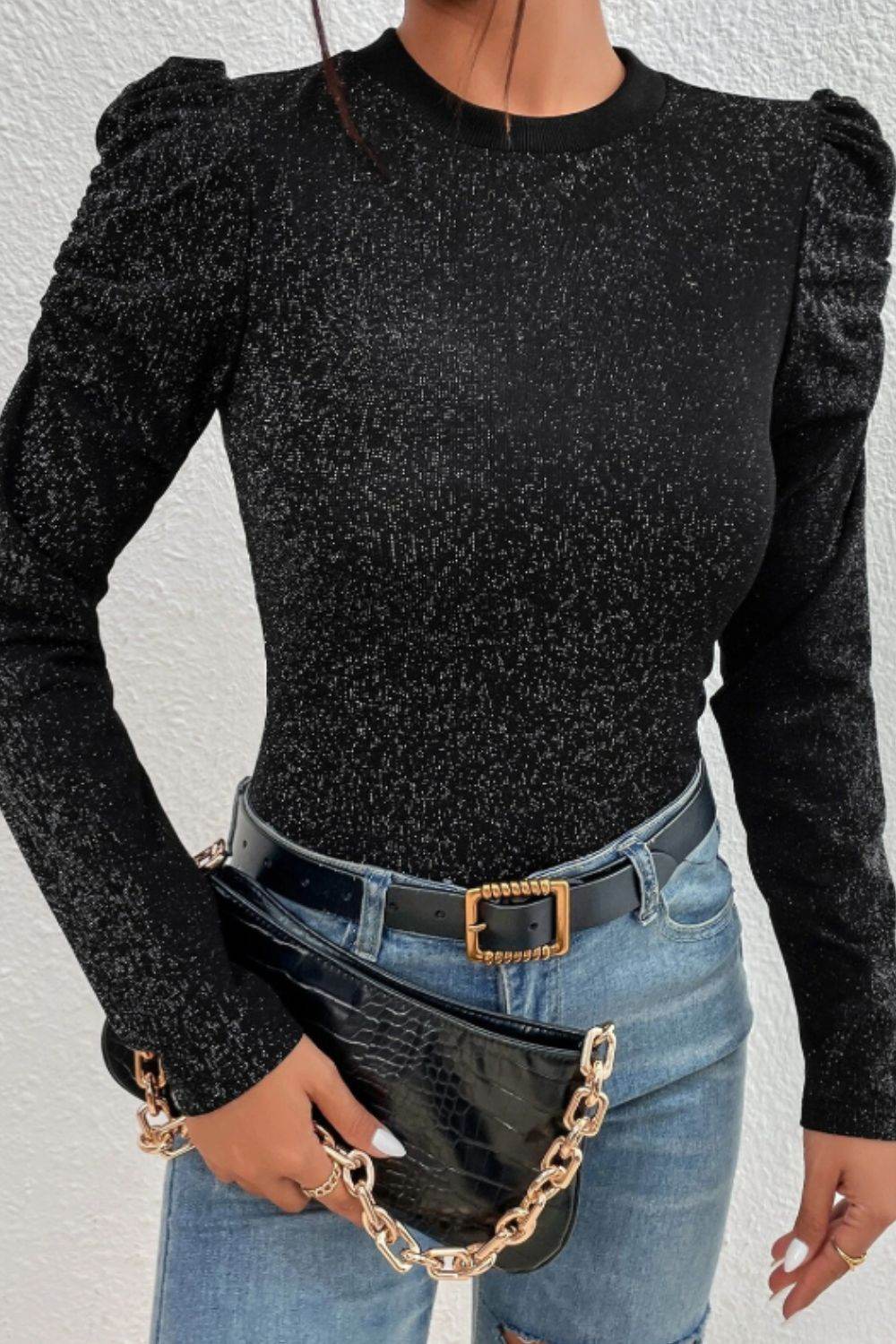 Metallic Round Neck Puff Sleeve Blouse Black for a perfect OOTD – dress to impress outfits from Amexza