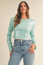 MABLE Shoulder Padded Sequin Crop Top - Amexza