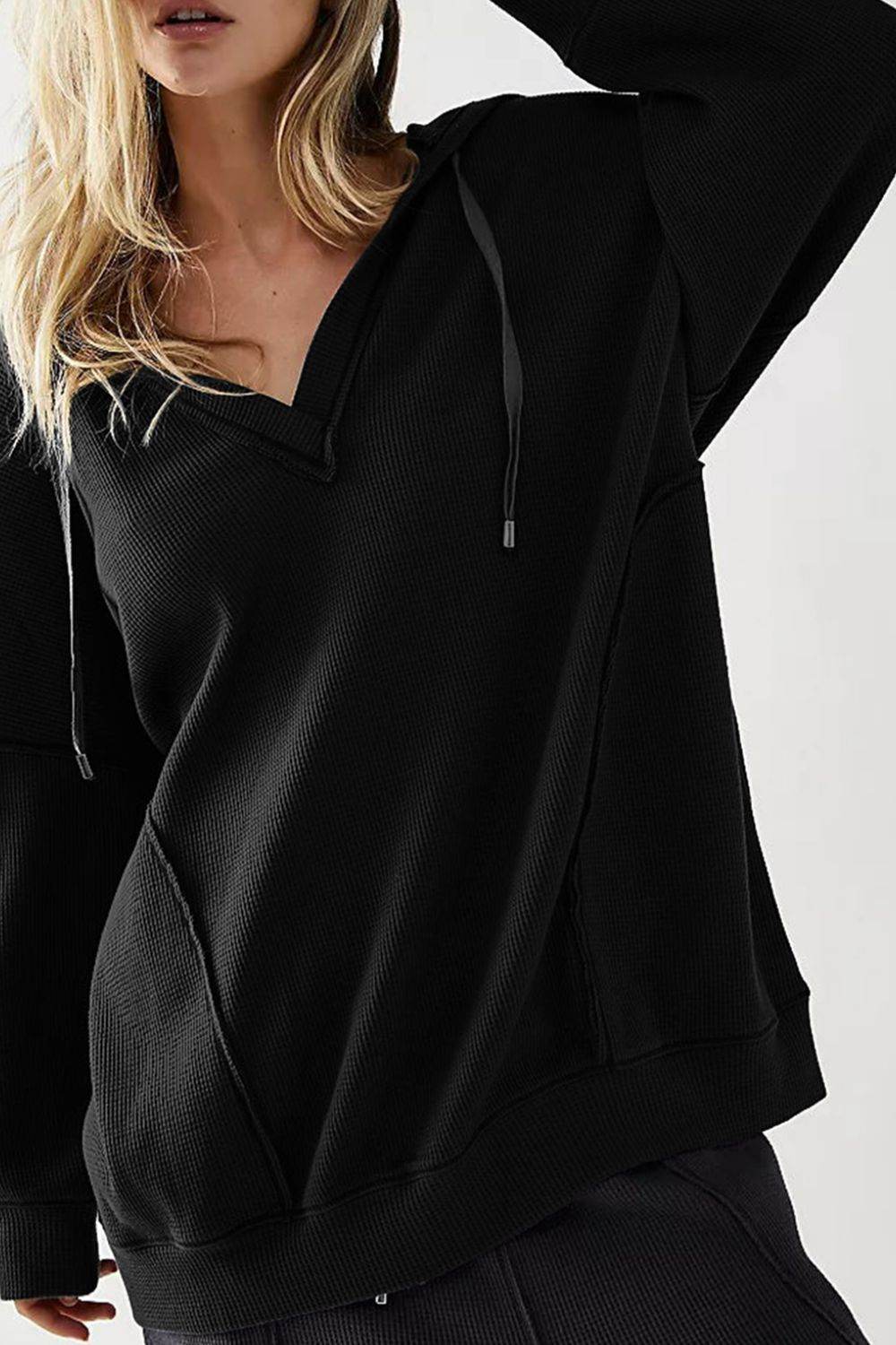 Exposed Seam Drawstring Long Sleeve Hoodie - Amexza