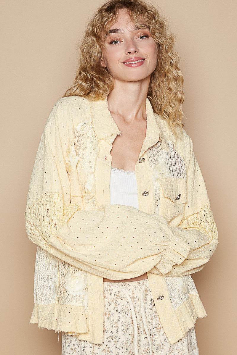 POL Eyelet Flower Pearl Detail Lace Patchwork Shirt Banana Mousse for a perfect OOTD – dress to impress outfits from Amexza