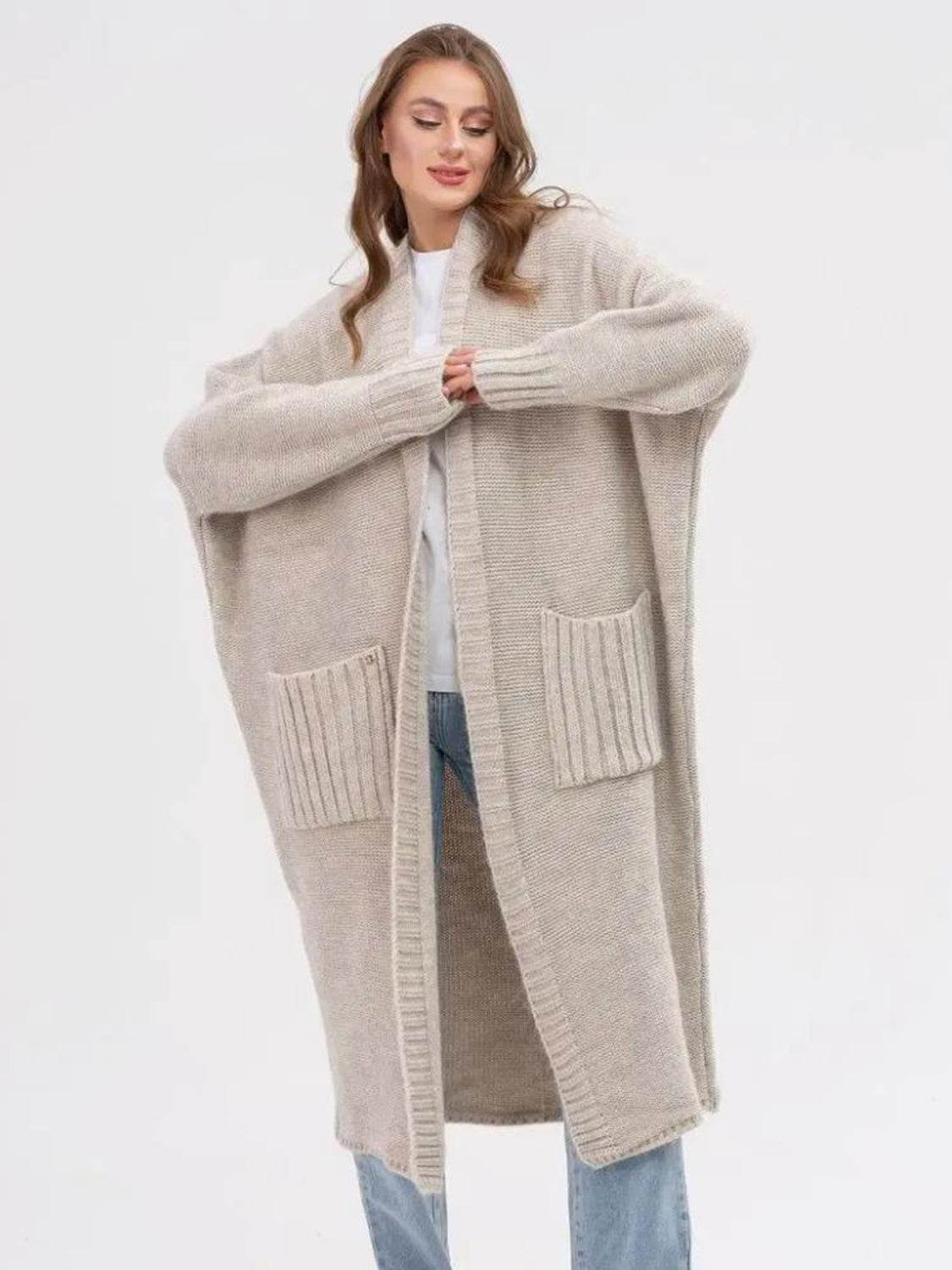 Pocketed Open Front Long Sleeve Longline Cardigan - Amexza