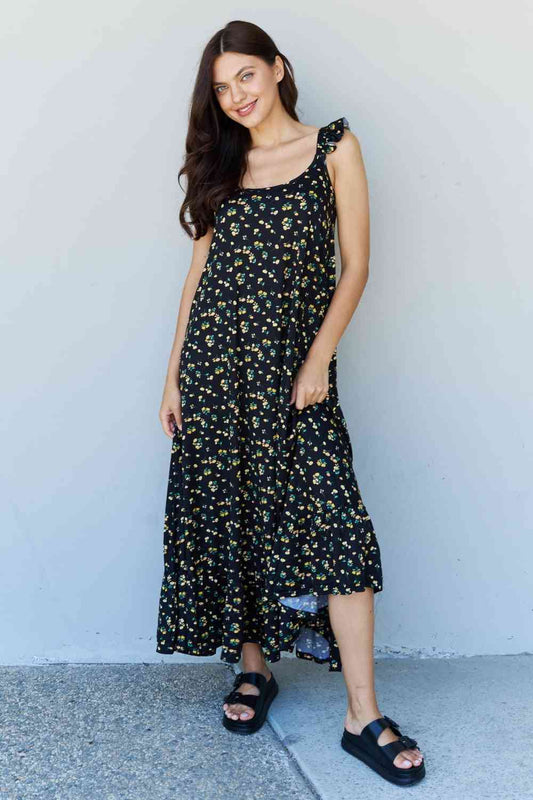 Doublju In The Garden Ruffle Floral Maxi Dress in Black Yellow Floral Floral for a perfect OOTD – dress to impress outfits from Amexza