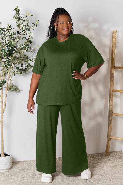 Double Take Full Size Round Neck Slit Top and Pants Set for a perfect OOTD – dress to impress outfits from Amexza