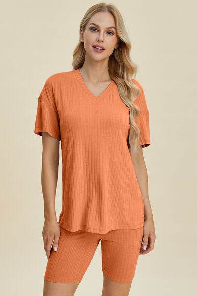 Basic Bae Full Size Ribbed V-Neck Short Sleeve Top and Shorts Set for a perfect OOTD – dress to impress outfits from Amexza