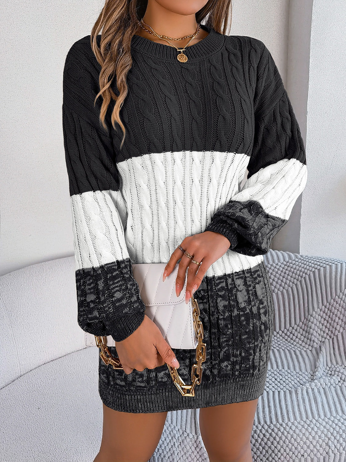 Cable-Knit Round Neck Color Block Sweater Dress Black for a perfect OOTD – dress to impress outfits from Amexza