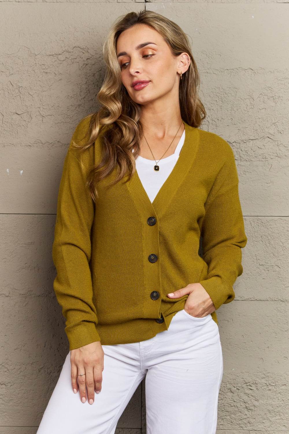 Zenana Kiss Me Tonight Full Size Button Down Cardigan in Chartreuse for a perfect OOTD – dress to impress outfits from Amexza