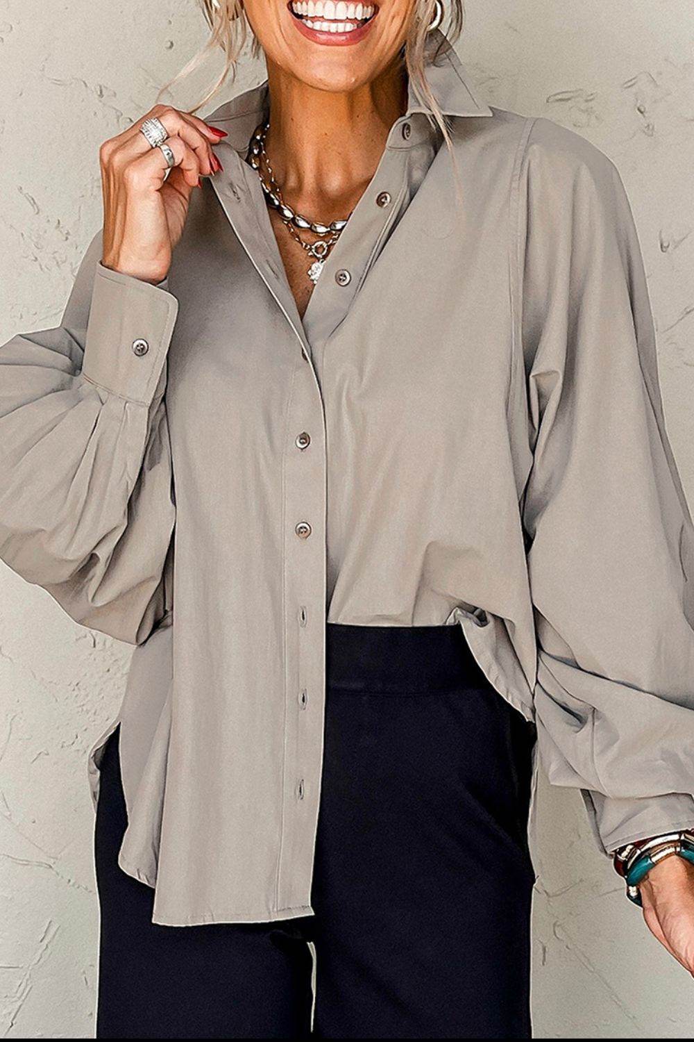 Button Down Collared Neck Long Sleeve Shirt - Amexza