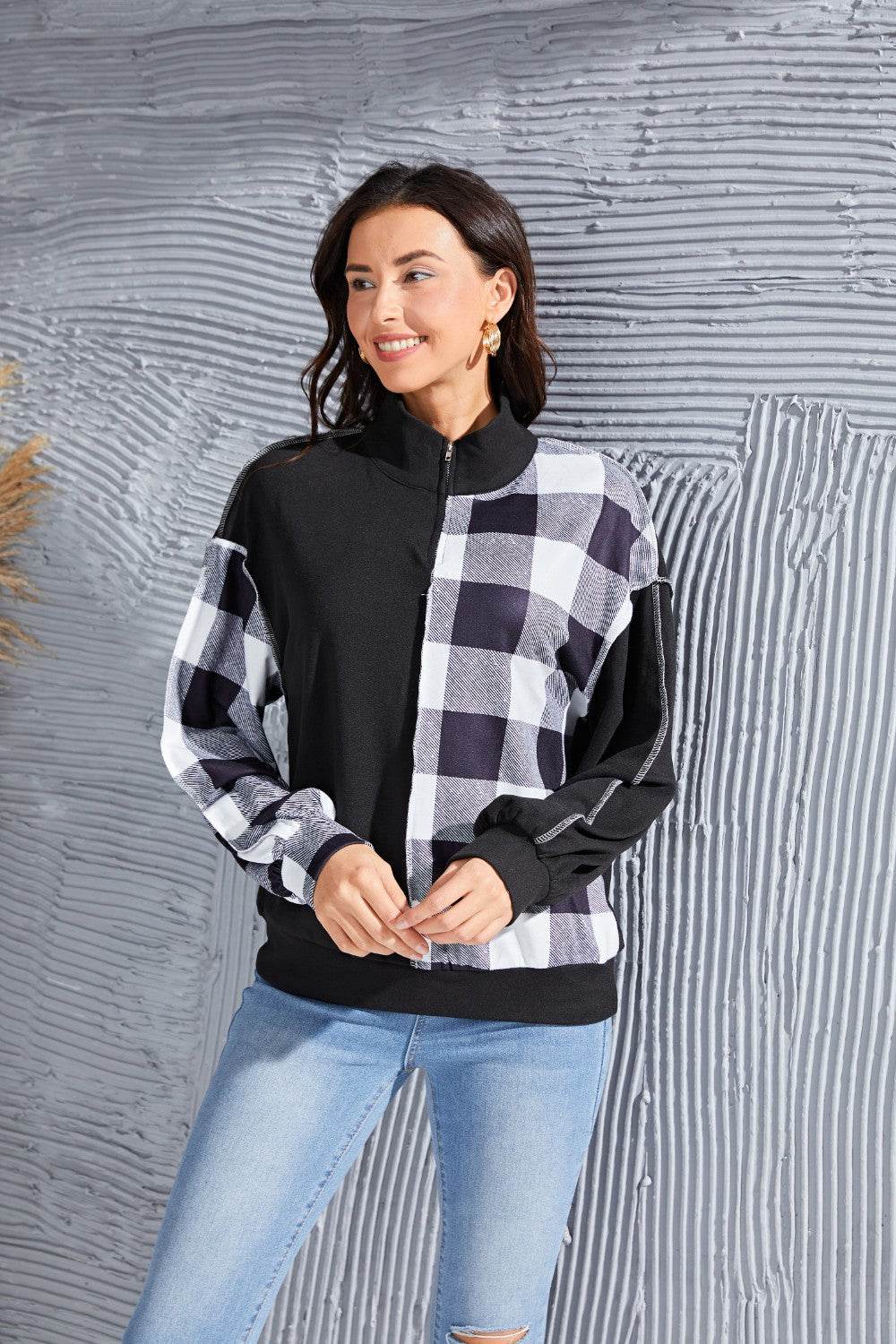 Plaid Exposed Seam Long Sleeve Blouse Black for a perfect OOTD – dress to impress outfits from Amexza