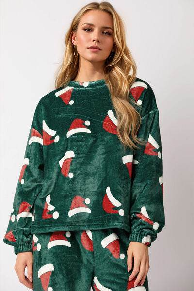 Christmas Hat Pattern Round Neck Long Sleeve Top and Pants Set for a perfect OOTD – dress to impress outfits from Amexza