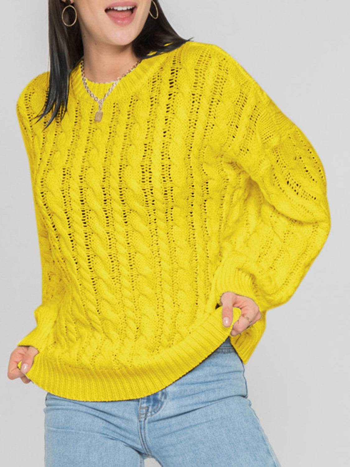 Openwork Round Sleeve Cable-Knit Sweater Banana Yellow for a perfect OOTD – dress to impress outfits from Amexza