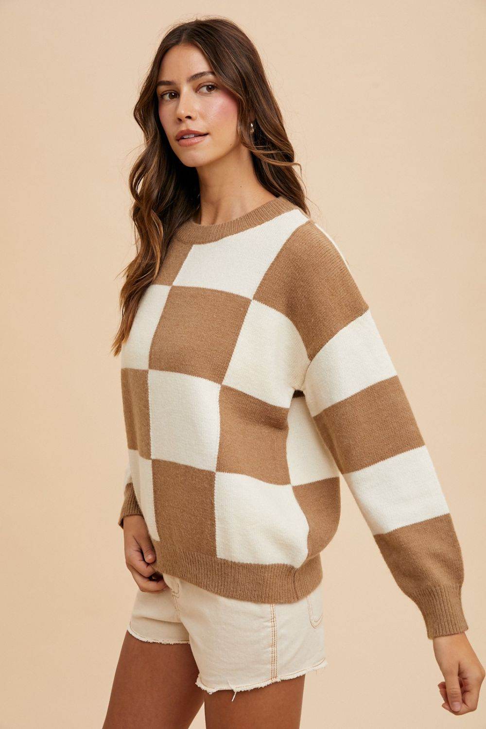 Annie Wear Checkered Round Neck Dropped Shoulder Sweater for a perfect OOTD – dress to impress outfits from Amexza