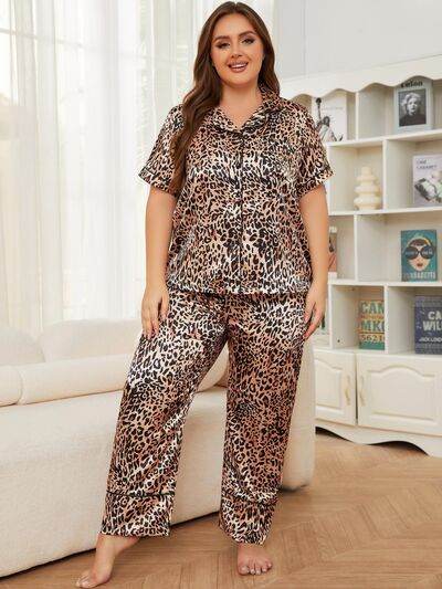 Plus Size Leopard Short Sleeve Top and Pants Lounge Set Leopard for a perfect OOTD – dress to impress outfits from Amexza