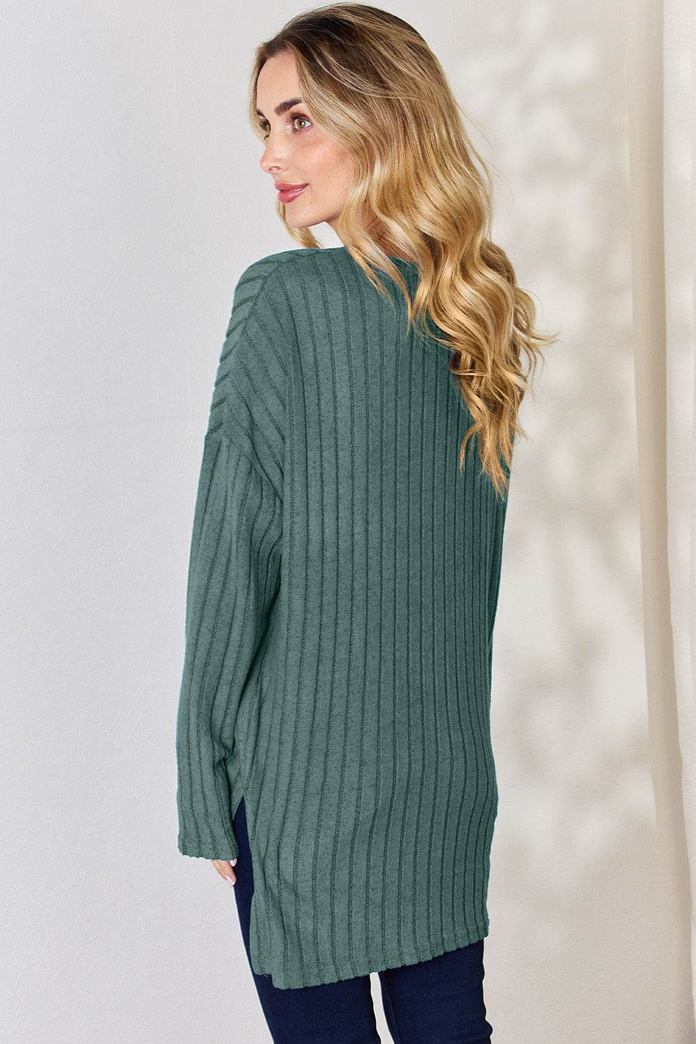 Basic Bae Full Size Ribbed Half Button Long Sleeve High-Low T-Shirt for a perfect OOTD – dress to impress outfits from Amexza