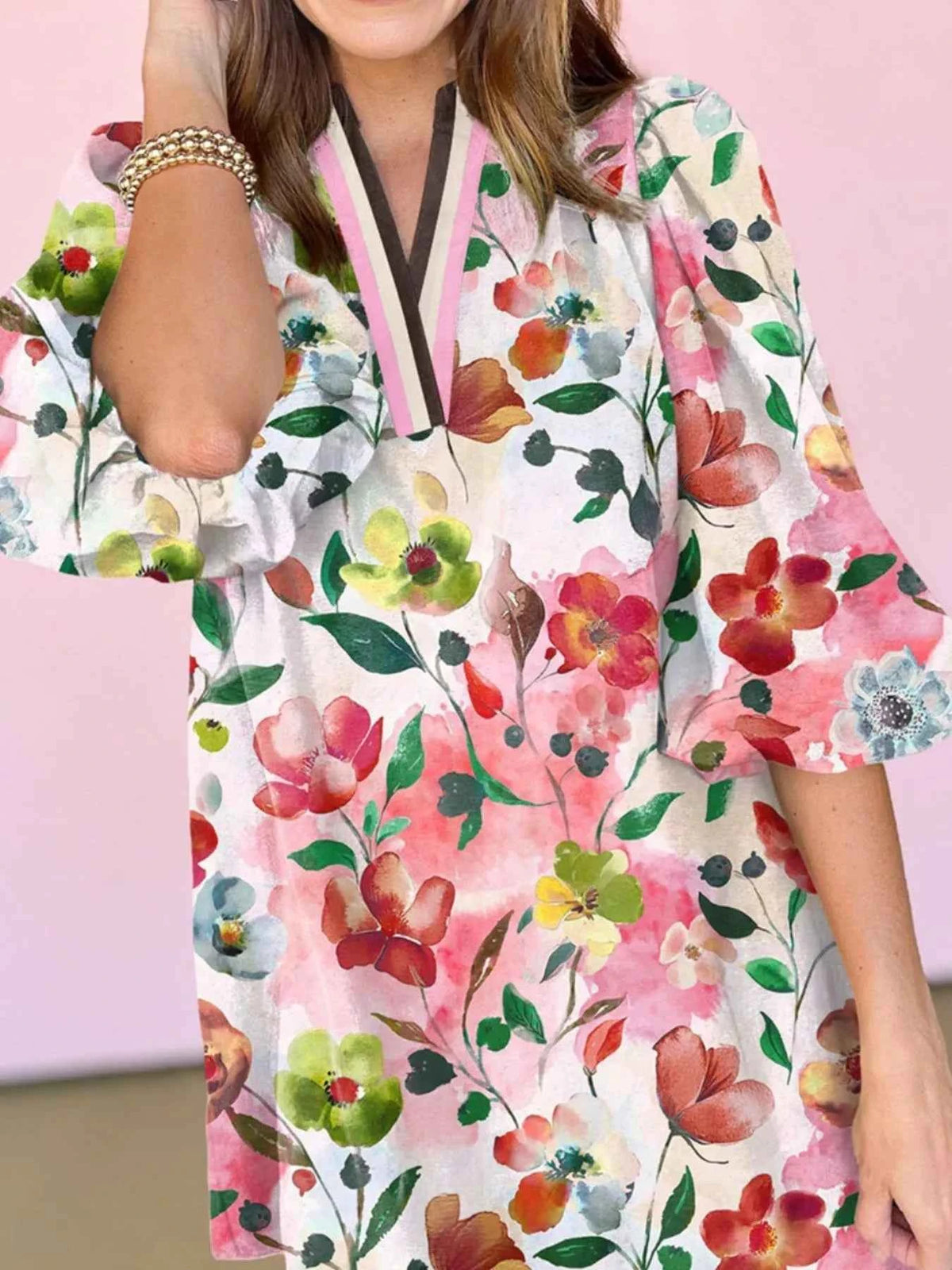 Floral Print Notched Tunic Dress