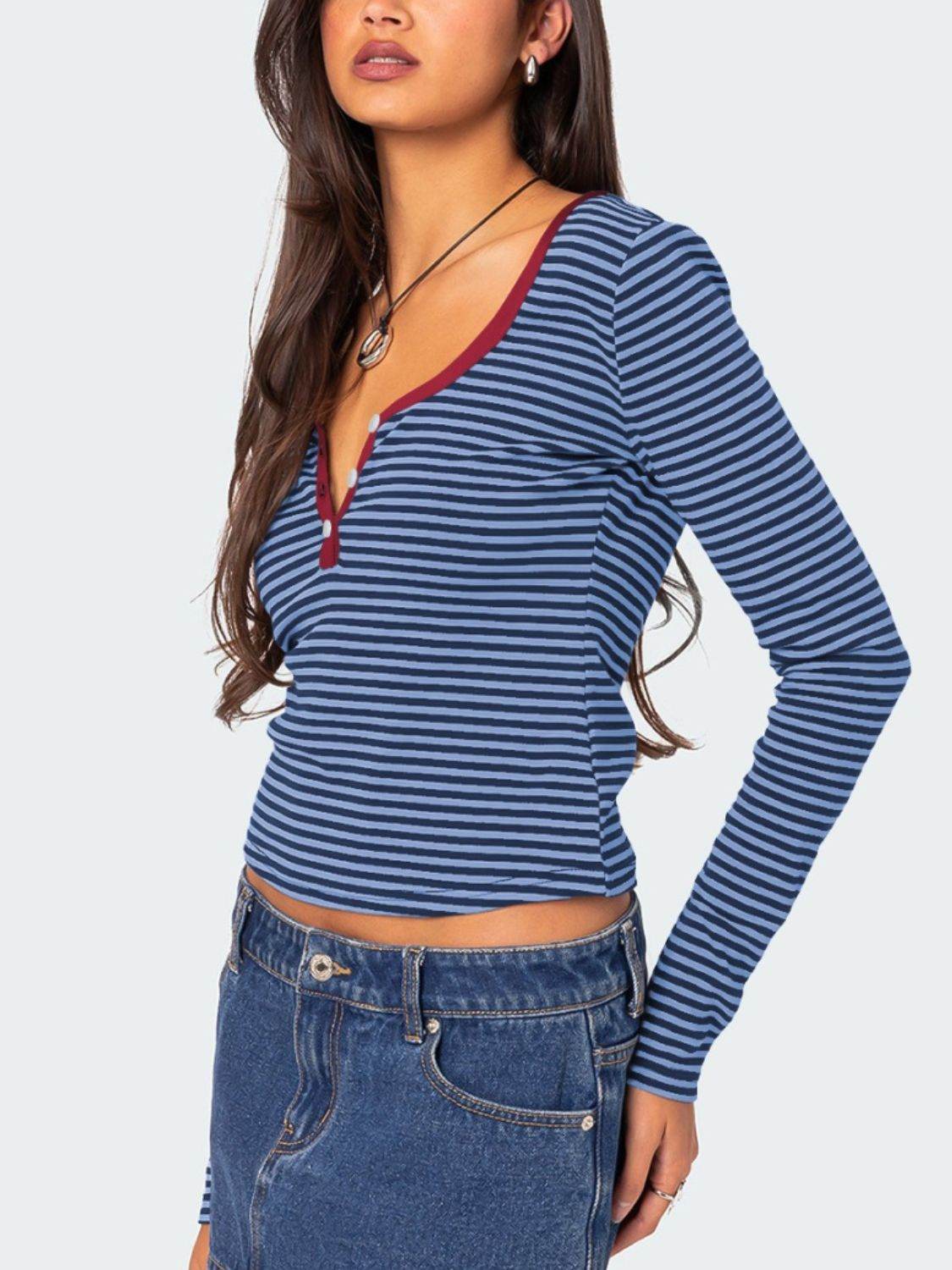 Buttoned Striped Long Sleeve T-Shirt for a perfect OOTD – dress to impress outfits from Amexza