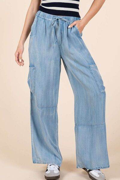 Mittoshop Washed Elastic Waist Cargo Wide Leg Pants Lt Denim for a perfect OOTD – dress to impress outfits from Amexza