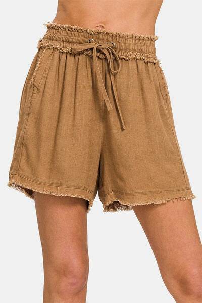 Zenana Washed Linen Frayed Hem Drawstring Shorts Deep Camel for a perfect OOTD – dress to impress outfits from Amexza