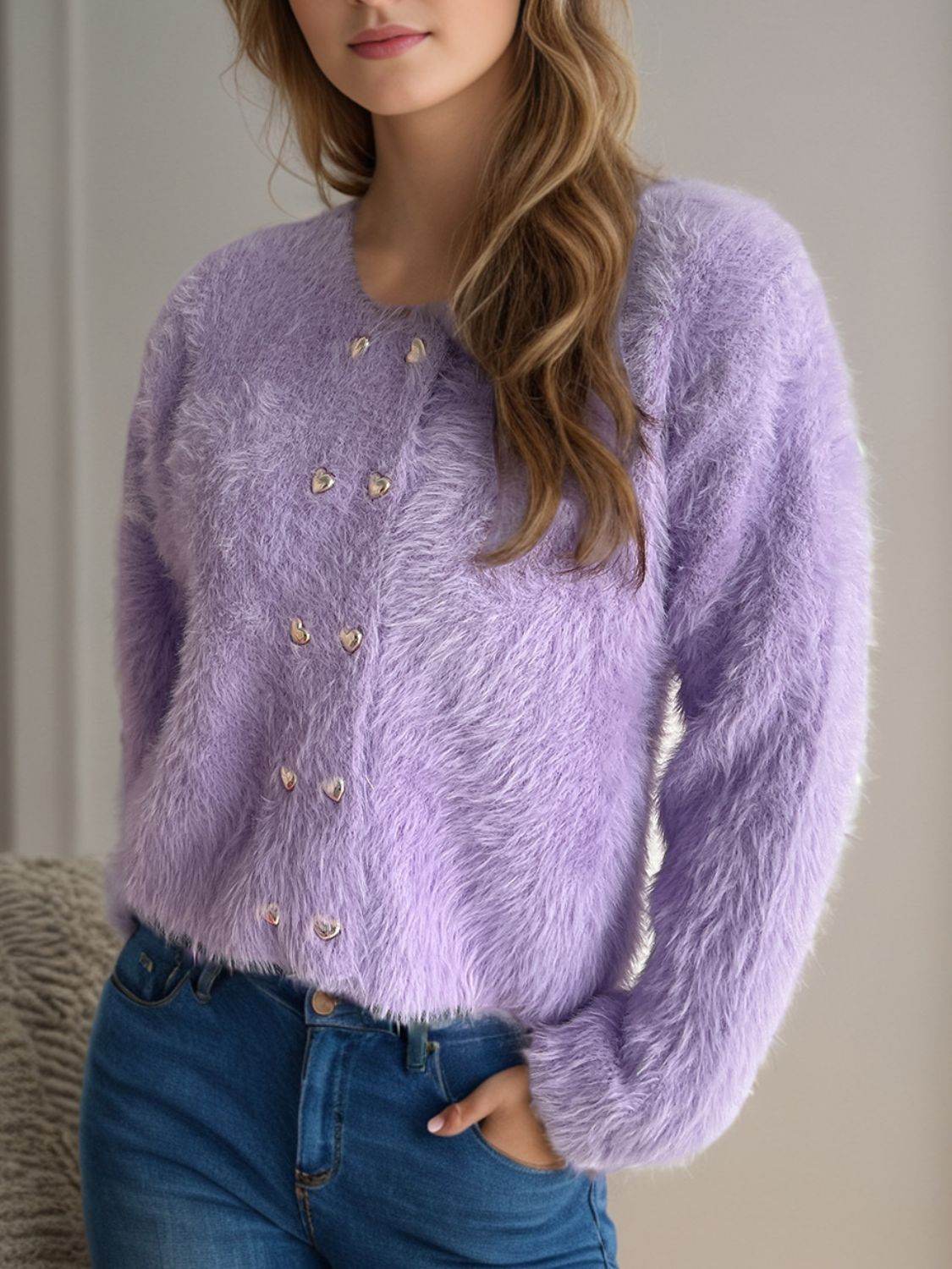 Heart Button Round Neck Cardigan Lavender One Size for a perfect OOTD – dress to impress outfits from Amexza